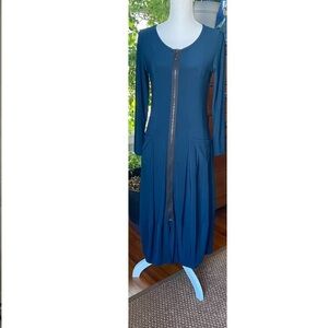 Sun Kim Comfy USA Blue Stretch Jersey Dress Size XS Zip Front Lantern Balloon